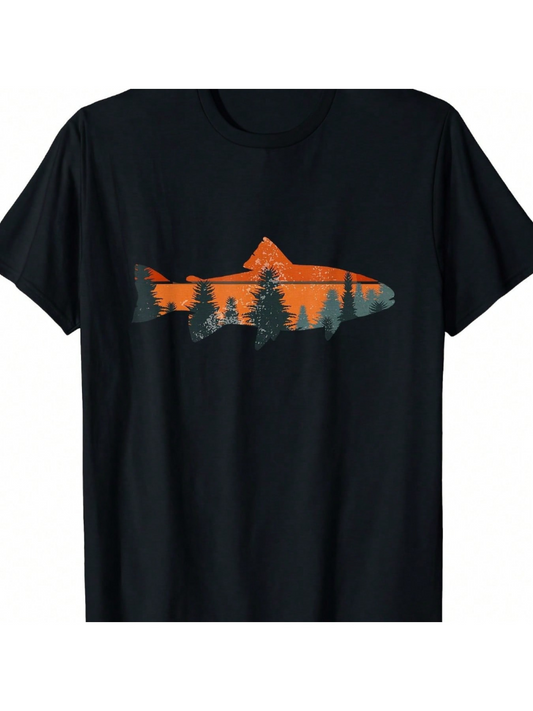 Men's Graphic T-Shirt Sunset Forest Landscape With Pine Trees And Majestic Fish Silhouette