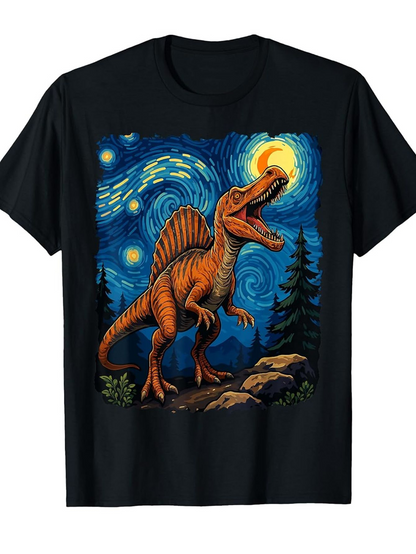 Men's Graphic T-Shirt Starry Night With Roaring Dinosaur Among Trees And Rocky Ground Dinosaur
