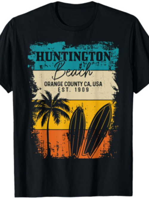 Men's Graphic T-Shirt Huntington Beach With Palm Trees Surfers And Vintage Sunset Surfboard