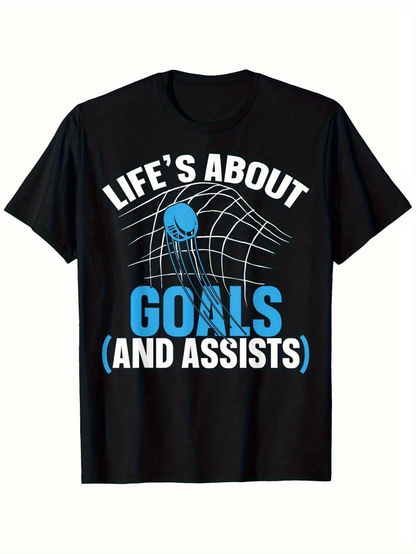 Men's Graphic T-Shirt Lifes About Goals And Assists With Blue Soccer Ball In Net