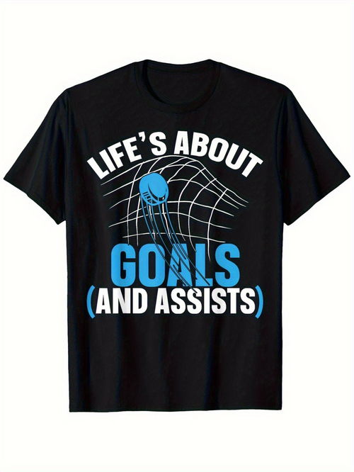 Men's Graphic T-Shirt Lifes About Goals And Assists With Blue Soccer Ball In Net