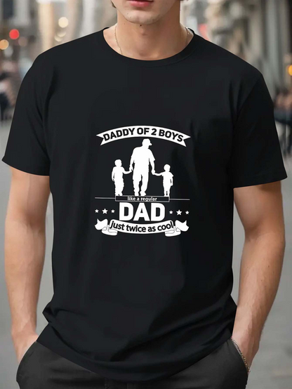 Men's Graphic T-Shirt Daddy Of Two Boys Silhouette With Stars Banner And Cool Quote Dad