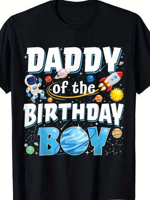 Men's Graphic T-Shirt Daddy Of The Birthday Boy Playful Cartoon Planets With Spaceships And Colorful Astronaut