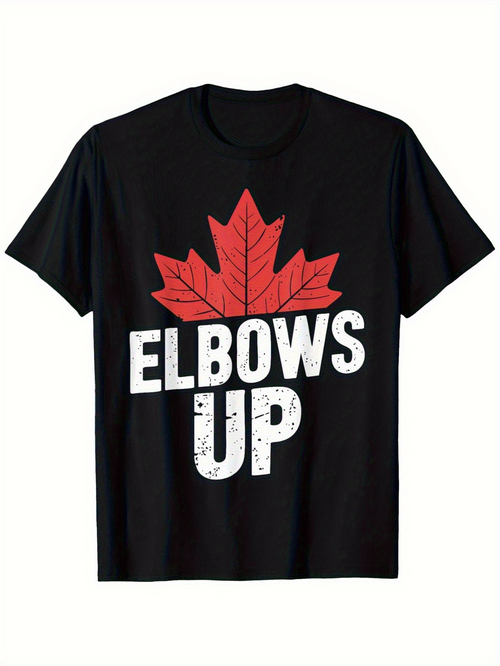 Men's Graphic T-Shirt Elbows Up Bold White Text Over Red Maple Leaf