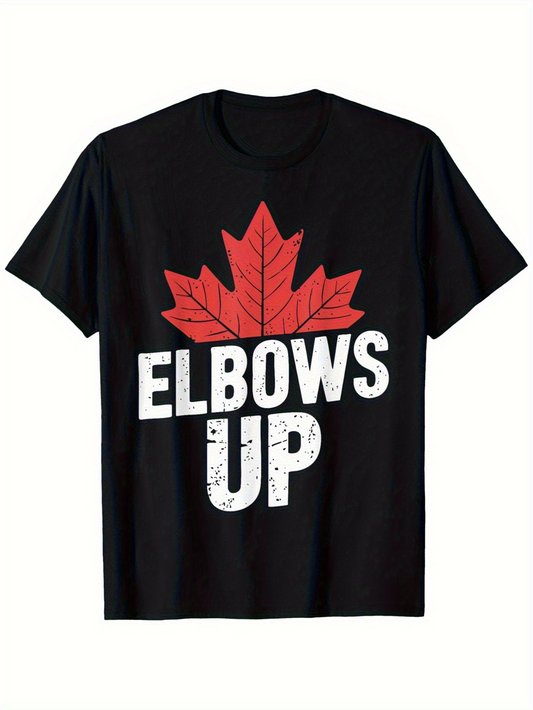 Men's Graphic T-Shirt Elbows Up Bold White Text Over Red Maple Leaf