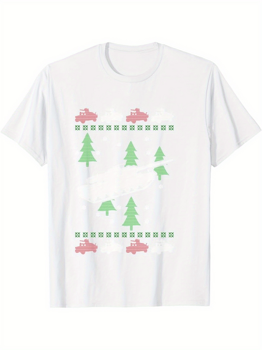 Men's Graphic T-Shirt Minimal Green Pine Trees And Red Cars Pattern Featuring Car