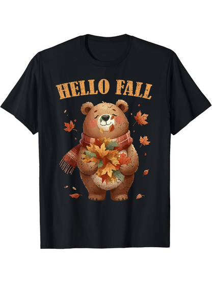 Men's Graphic T-Shirt Hello Fall Cheerful Bear With Autumn Leaves