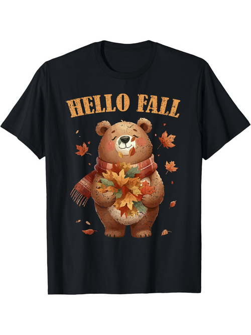 Men's Graphic T-Shirt Hello Fall Cheerful Bear With Autumn Leaves