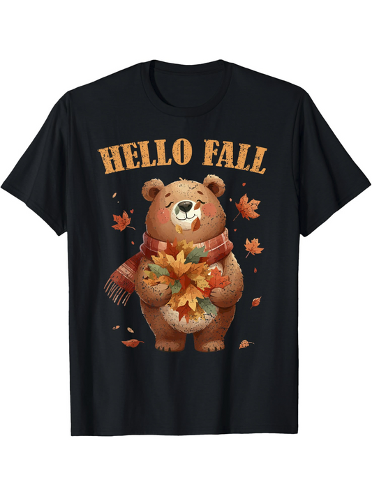 Men's Graphic T-Shirt Hello Fall Cheerful Bear With Autumn Leaves
