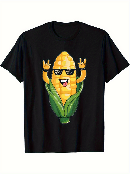 Men's Graphic T-Shirt Cartoon Happy Corn With Sunglasses Smiling Among Leafy Green Wrapping Corn