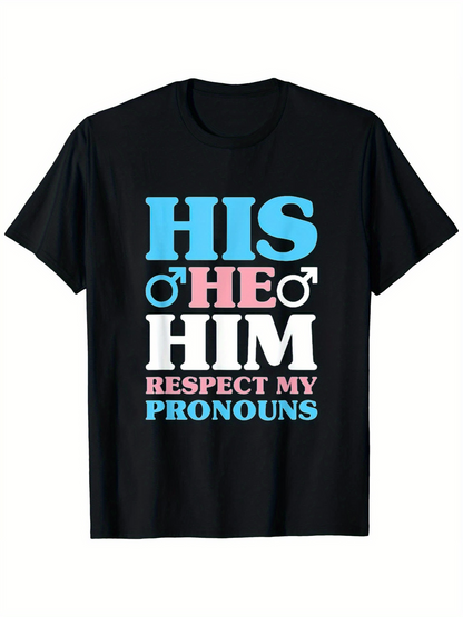Men's Graphic T-Shirt Respect My Pronouns Blue And Pink Statement With Bold Text