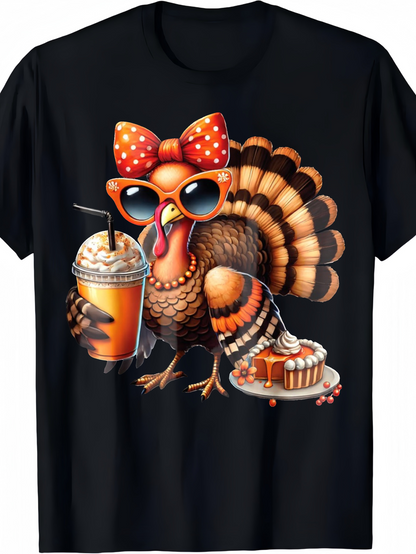 Men's Graphic T-Shirt Turkey Wearing Polka Dot Bow And Sunglasses Holding Dessert With Drink