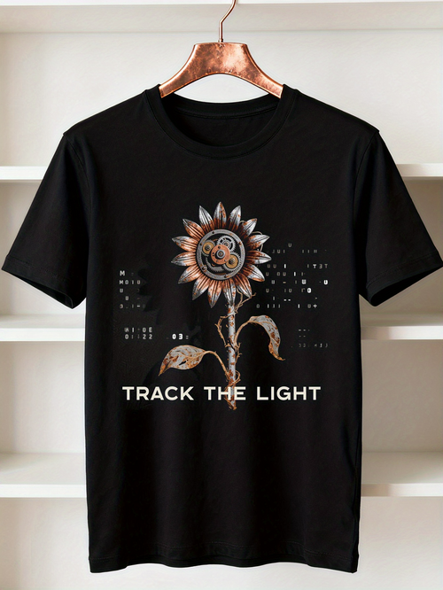 Men's Graphic T-Shirt Track The Light Sunflower Among Metallic Effects Dotted Light Beams
