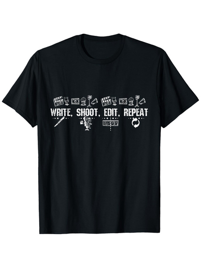 Men's Graphic T-Shirt Write Shoot Edit Repeat Surrounded By Movie Film Equipment Icons T Shirt