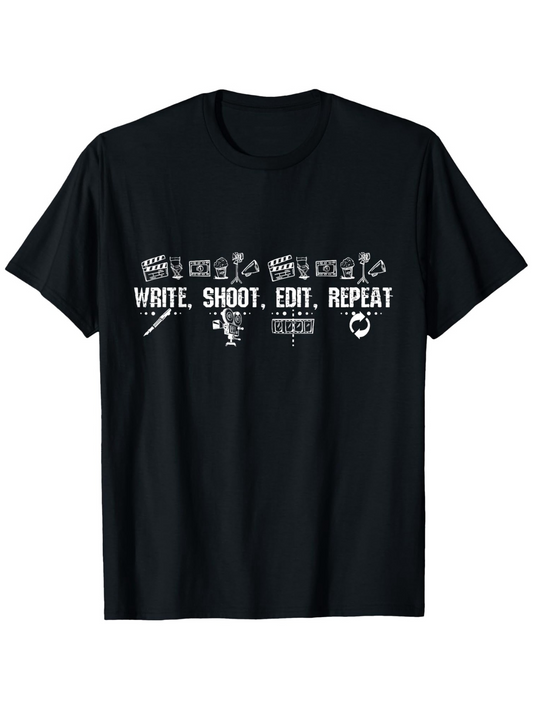 Men's Graphic T-Shirt Write Shoot Edit Repeat Surrounded By Movie Film Equipment Icons T Shirt