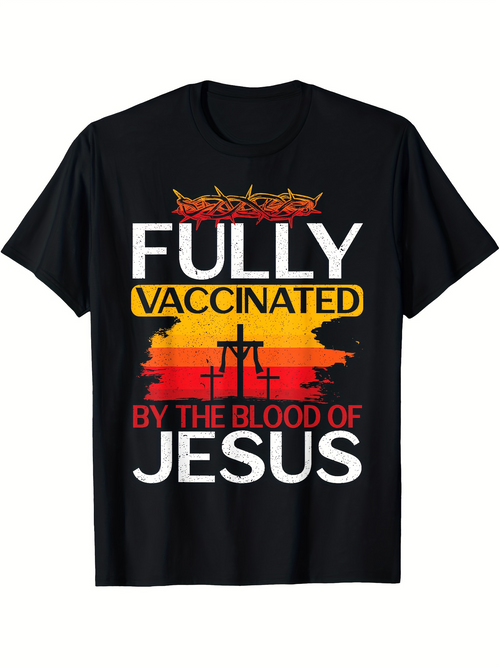 Men's Graphic T-Shirt Fully Vaccinated By The Blood Of Jesus Sunset Cross Landscape