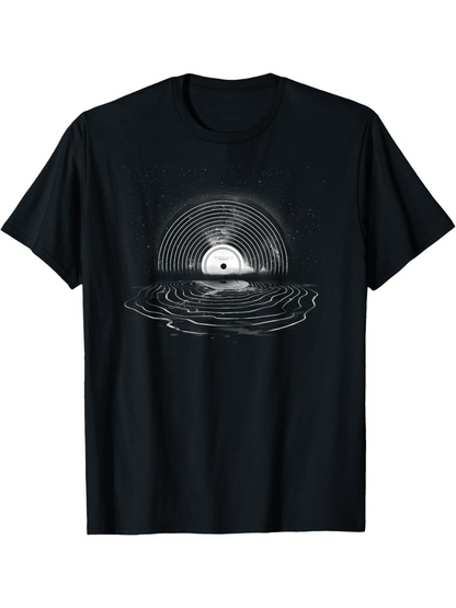 Men's Graphic T-Shirt Retro Water Reflection With Vinyl Record And Sunrise Effect