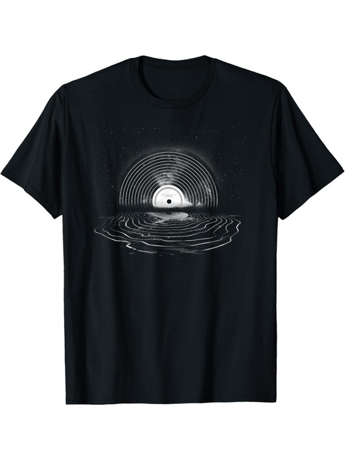Men's Graphic T-Shirt Retro Water Reflection With Vinyl Record And Sunrise Effect