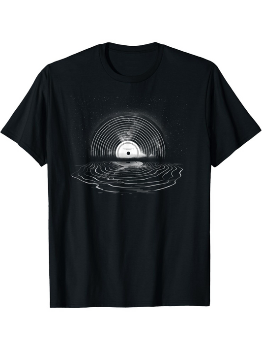 Men's Graphic T-Shirt Retro Water Reflection With Vinyl Record And Sunrise Effect