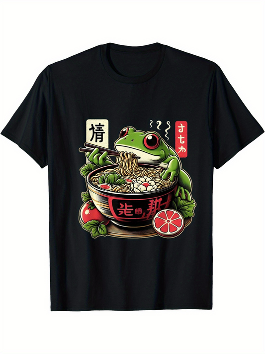Men's Graphic T-Shirt Chopsticks Holding Hot Noodles Sitting Frog In Ramen Bowl