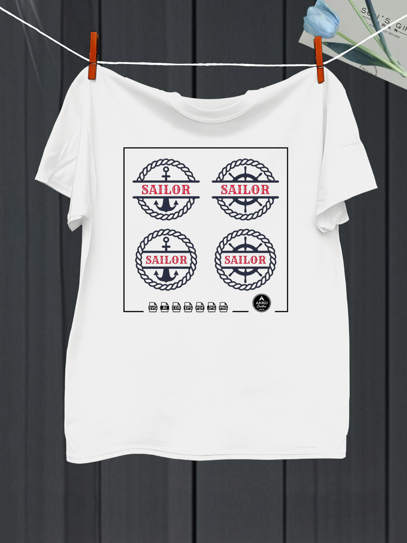 Men's Graphic T-Shirt Sailor Seaworthy Rope Circles With Anchors Beneath Nautical Wheel Motif