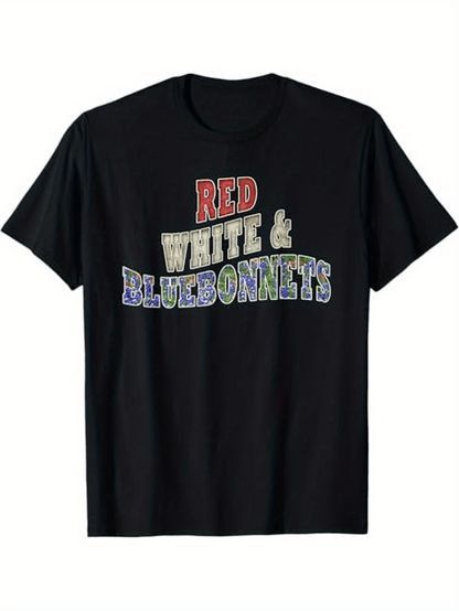 Men's Graphic T-Shirt Red White And Blue Letters With Patriotic Flower Themed Bluebonnets