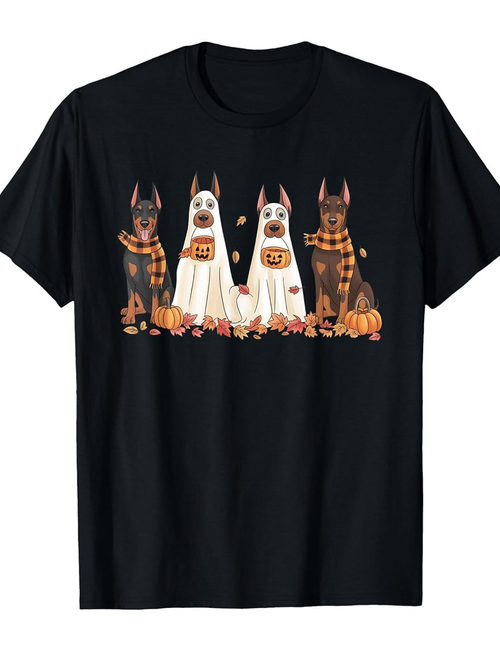Men's Graphic T-Shirt Halloween Pumpkins With Playful Dogs Wearing Ghost Costumes