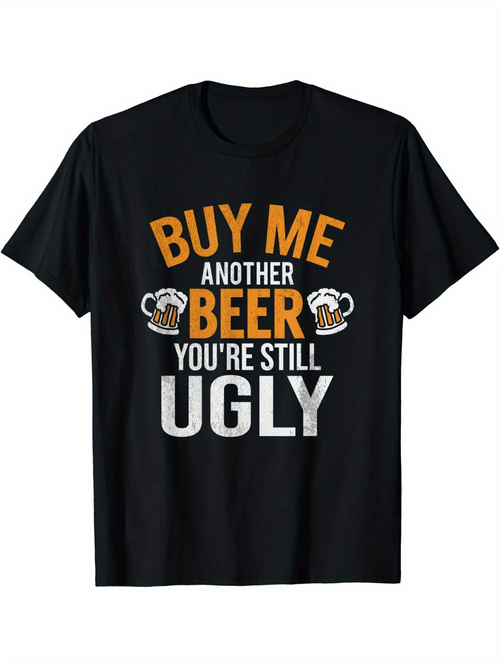 Men's Graphic T-Shirt Buy Me Another Beer With Cartoon Beer Mugs On Black Fabric T Shirt