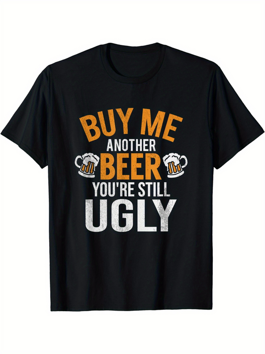 Men's Graphic T-Shirt Buy Me Another Beer With Cartoon Beer Mugs On Black Fabric T Shirt