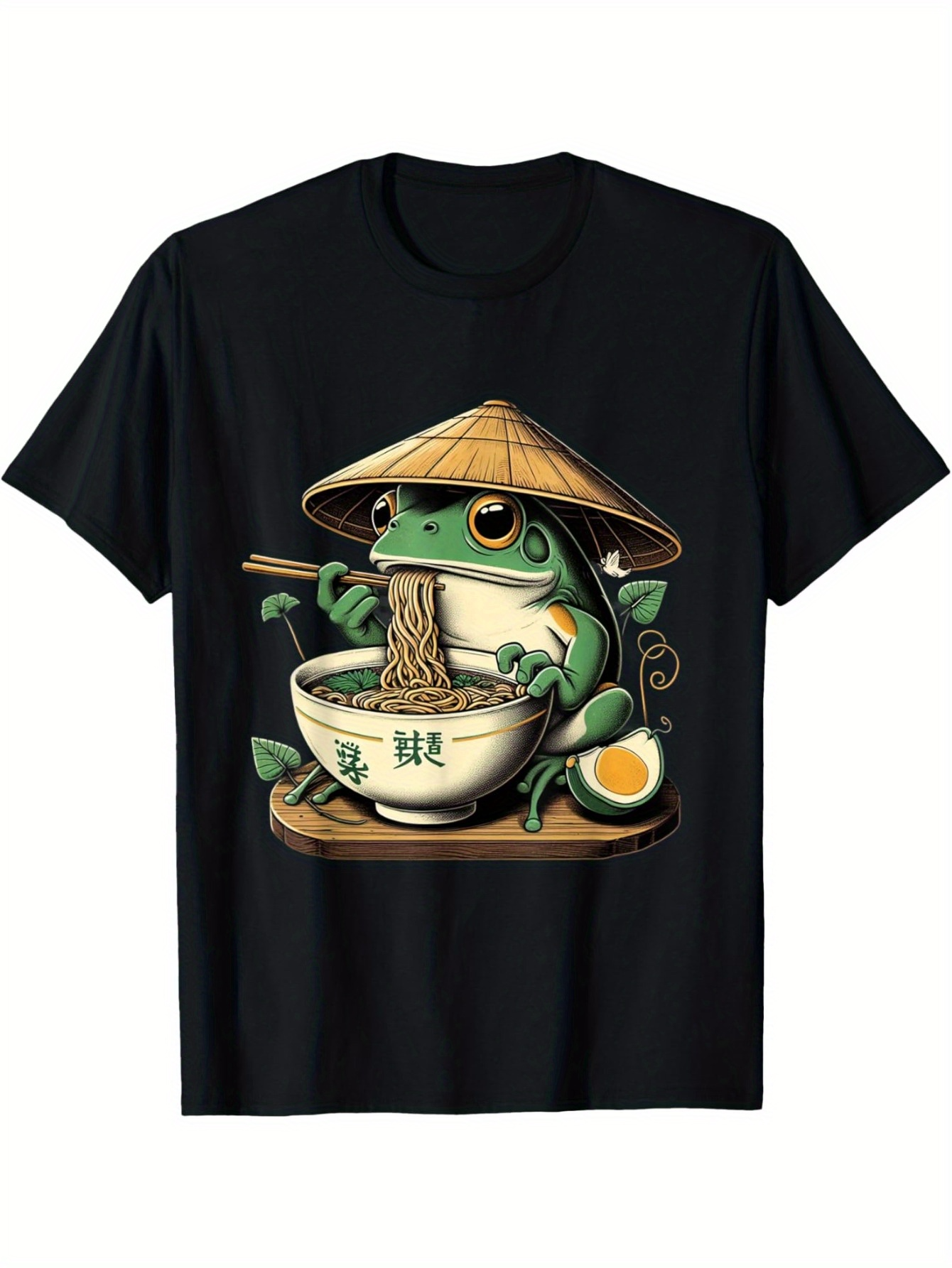 Men's Graphic T-Shirt Cartoon Frog With Bamboo Hat Enjoying Noodles And Boiled Egg Bowl