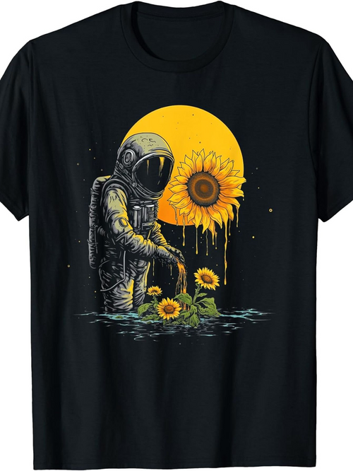 Men's Graphic T-Shirt Astronaut Standing Among Sunflowers Under Melting Yellow Sunflower Moon