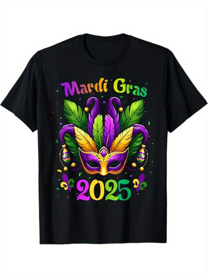 Men's Graphic T-Shirt Mardi Gras 2025 Vibrant Feather Mask With Beads And Festive Decorations Mask
