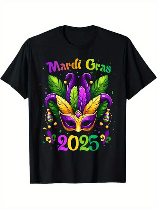 Men's Graphic T-Shirt Mardi Gras 2025 Vibrant Feather Mask With Beads And Festive Decorations Mask