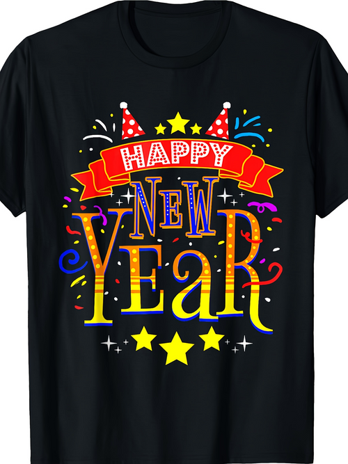 Men's Graphic T-Shirt Happy New Year Colorful Party Confetti Banners And Shining Stars Celebration