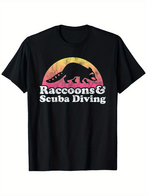 Men's Graphic T-Shirt Raccoons And Scuba Diving With Vintage Sunset Silhouette Raccoon
