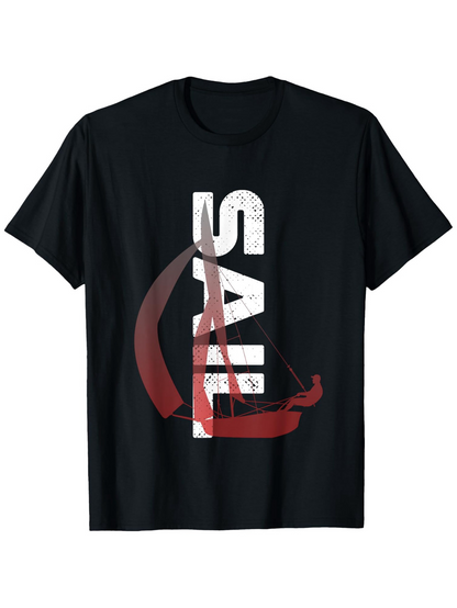 Men's Graphic T-Shirt Bold White Vertical Text With Red Graphic Sailboat
