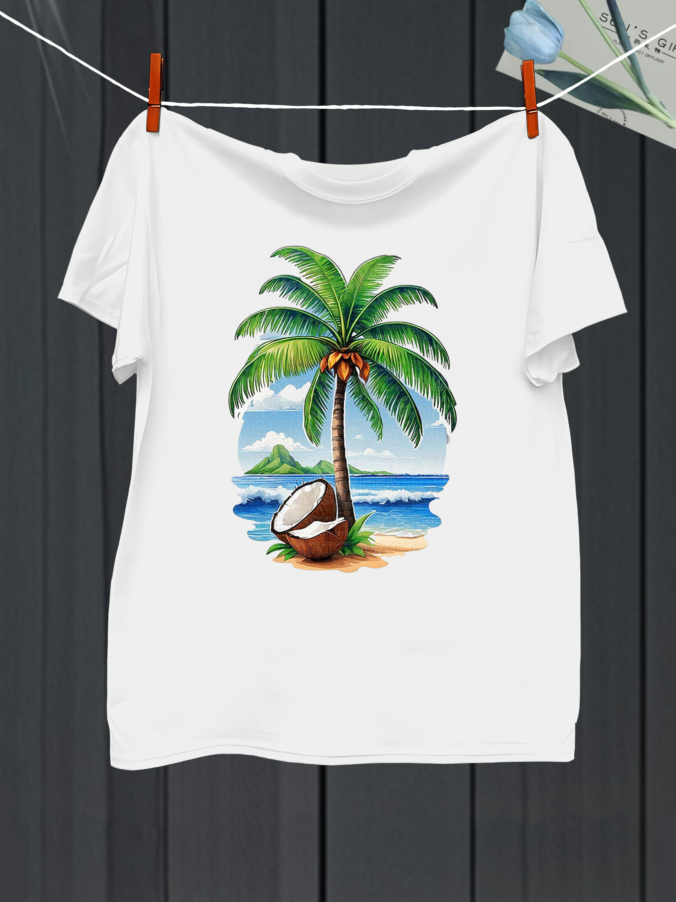 Men's Graphic T-Shirt Sandy Beach Under Palm Trees With Cracked Coconut Island Scenery