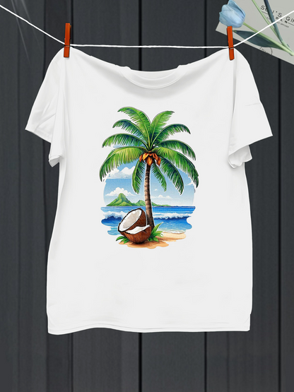 Men's Graphic T-Shirt Sandy Beach Under Palm Trees With Cracked Coconut Island Scenery