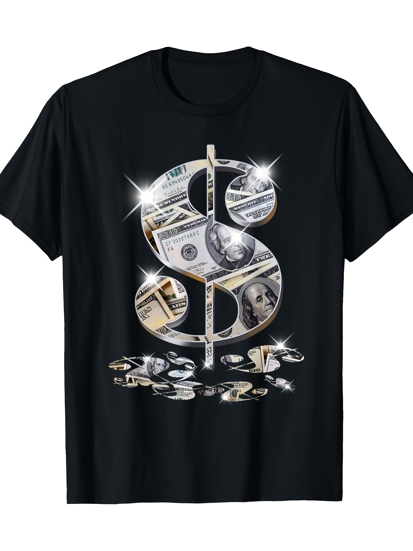 Men's Graphic T-Shirt Glittering Reflections With Hundred Dollar Bills Shining Silver Dollar Sign