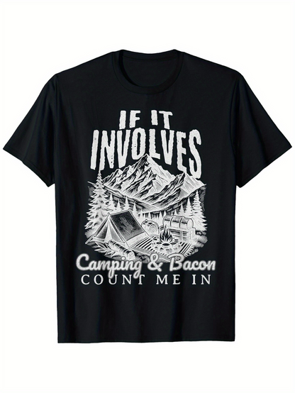 Men's Graphic T-Shirt If It Involves Camping And Bacon Count Me In Forest Cabin Tent