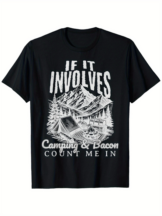 Men's Graphic T-Shirt If It Involves Camping And Bacon Count Me In Forest Cabin Tent