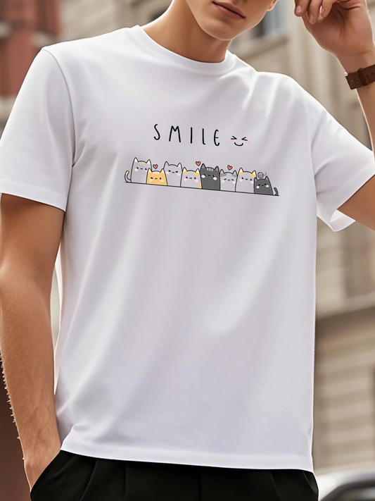 Men's Graphic T-Shirt Smile Playful Cartoon Cats Lined Up With Sweet Expressions Kitten