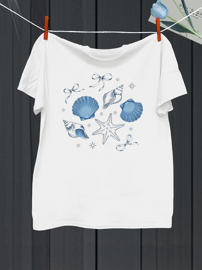 Men's Graphic T-Shirt Ocean Breeze With Blue Shells And Starfish Surrounded By Dotted Sea Elements
