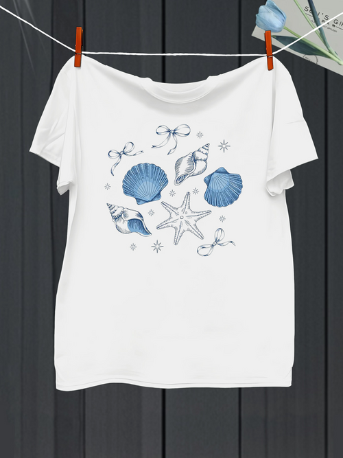 Men's Graphic T-Shirt Ocean Breeze With Blue Shells And Starfish Surrounded By Dotted Sea Elements