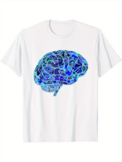Men's Graphic T-Shirt Electric Blue Abstract Pattern With Neural Pathway Inspired Brain