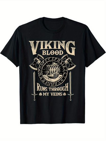 Men's Graphic T-Shirt Viking Blood Ancient Battle Ship With Axes And Swords