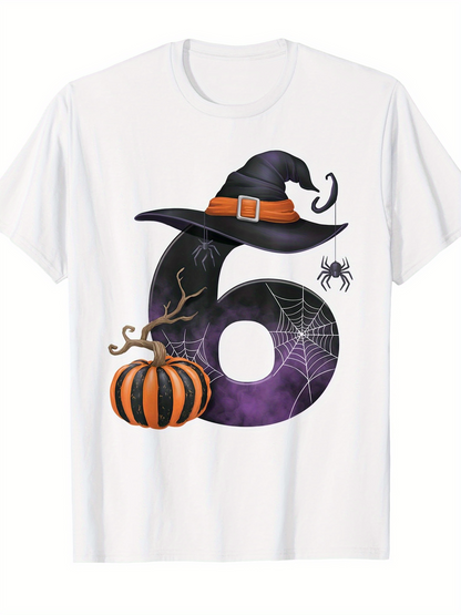 Men's Graphic T-Shirt Halloween Pumpkin With Spider Web Witch Hat And Number