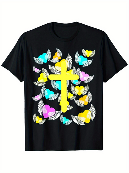 Men's Graphic T-Shirt Colorful Hearts And Feathers With Radiant Yellow Cross