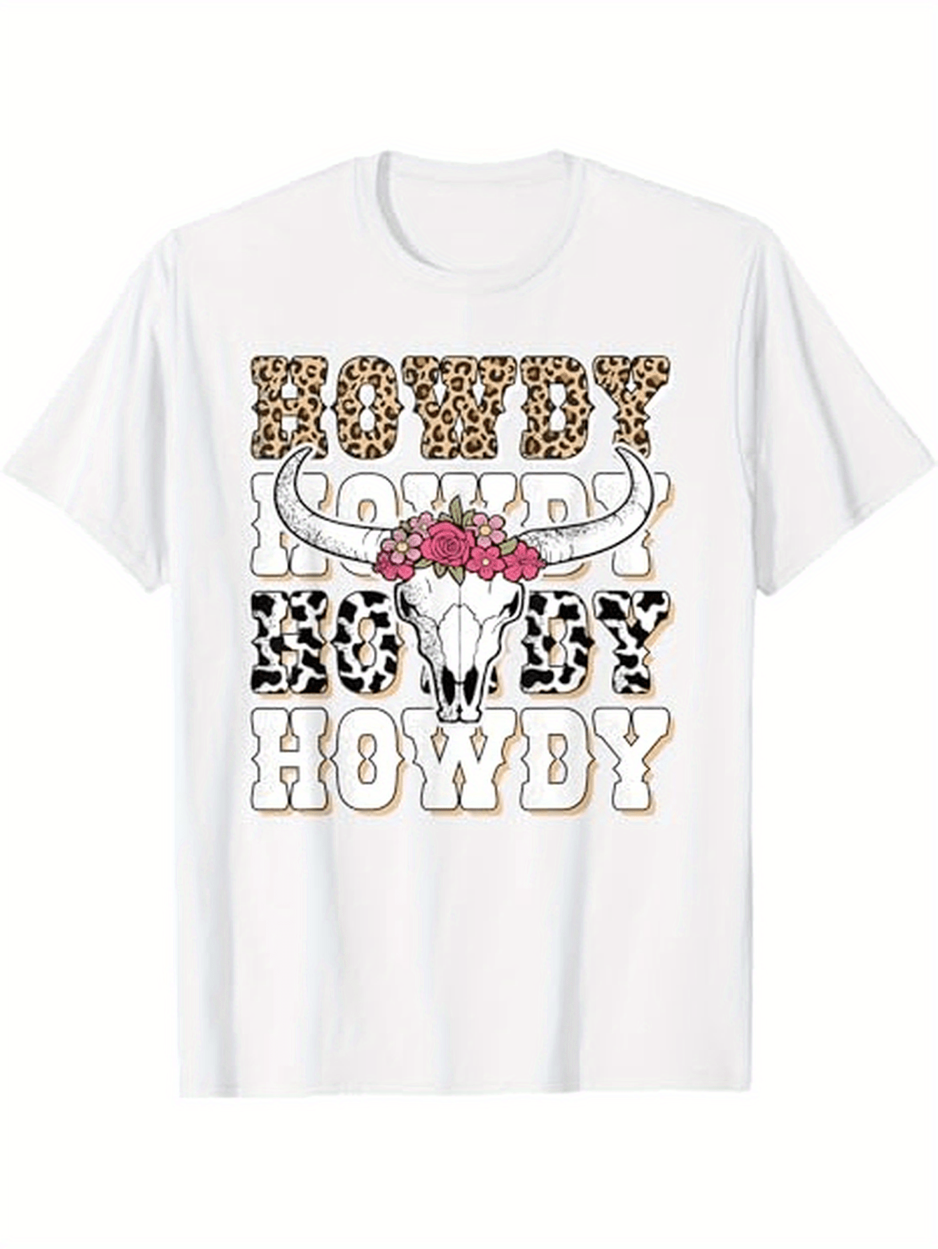 Men's Graphic T-Shirt Howdy With Leopard Print Skull And Floral Accents On White Shirt