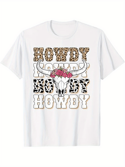 Men's Graphic T-Shirt Howdy With Leopard Print Skull And Floral Accents On White Shirt